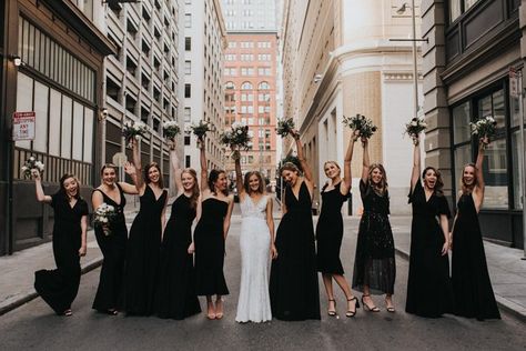 Black Bridesmaid Dress Mismatched, Black Bridesmaid Dresses Long, Black Bridesmaid, Stunning Bridesmaid Dresses, Downtown Wedding, June Bug, Mismatched Bridesmaids, Black Bridesmaids, Boda Mexicana