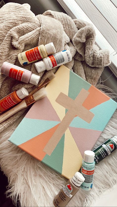 Cute Simple Things To Paint On A Canvas, Simple Cross Painting, Canvas Cross Painting, Easy Ideas To Paint On Canvas, Cute Christian Paintings On Canvas Easy, Christian Easy Drawings, Easy Panting Ideas Aesthetic, Painting Ideas On Canvas Cross, Easy Cross Painting