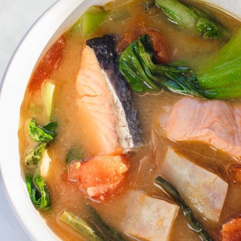 Sinigang na Miso sa Salmon | Mikha Eats Salmon Sinigang Recipe, Fish Sinigang Recipe, Salmon Sinigang, Sinigang Na Salmon, Pink Salmon Recipes, Tamarind Soup, Pilipino Food Recipe, Sinigang Recipe, Salmon Soup