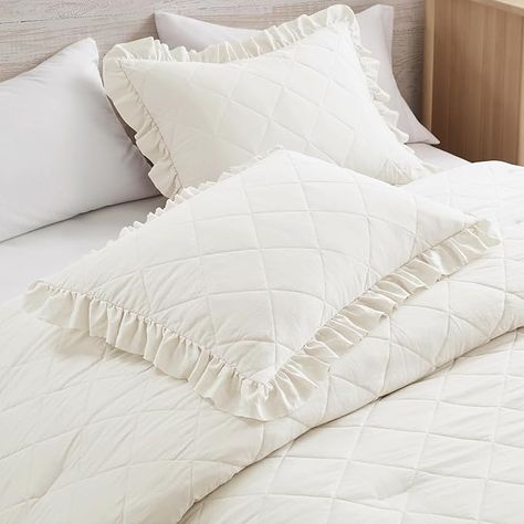 Amazon.com: Ivory White Ruffle Bedding Set, Shabby Chic Farmhouse Queen Size Comforter for Women, Boho Fluffy Cozy Washed Microfiber Full Bed Sets, 3 Piece with Ruffled Pillow Shams : Home & Kitchen White Ruffle Bedding, Ruffle Quilt, Queen Size Comforter, Ruffle Pillow, Full Bedding Sets, Ruffle Bedding, Chic Farmhouse, Shabby Chic Farmhouse, Full Bed