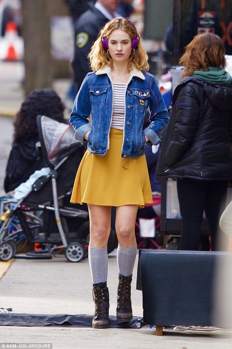 Fresh and funky: On Saturday actress Lily James proved she had moved on from the period fashion of Downton Abbey as she sported this bold look on the set of her upcoming film Baby Driver in Atlanta Skirt And Knee High Socks, Film Baby Driver, Baby Driver, Get Funky, Lily James, Yellow Skirt, Downton Abbey, Women's Wardrobe, Outfits Casuales