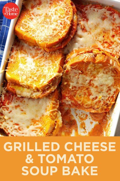 Grilled Cheese Grilled Cheese Tomato Soup Casserole, Grilled Cheese Casserole Recipes, Grilled Cheese Tomato Soup Bake, Baked Grilled Cheese Sandwich, Grilled Cheese And Soup, Grilled Cheese With Tomato Soup, Grilled Cheese Soup, Grilled Cheese Casserole, Grilled Cheese Tomato Soup