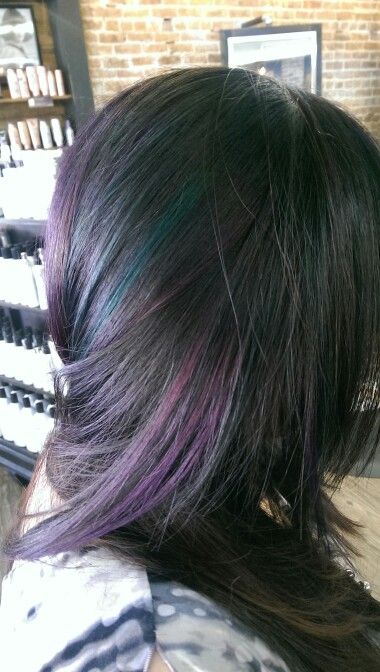 Purple and Teal highlights. Peacock Highlights Brown Hair, Dark Brown Hair With Blue And Purple Highlights, Teal And Purple Highlights In Brown Hair, Teal Peekaboo Highlights Brown, Brown Hair Teal Tips, Haircolour Ideas, Indian Hair Cuts, Teal Highlights, Oil Slick Hair