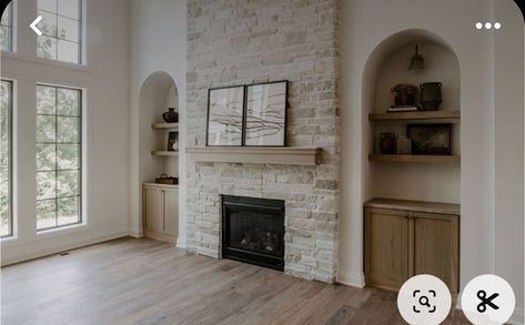 Builtins Fireplace Windows, Fireplace With Door On One Side, Tall Brick Fireplace, Fireplace With Bench, Kentucky Farmhouse, Black Birch Homes, Build Fireplace, Updated Living Room, Blazing Star