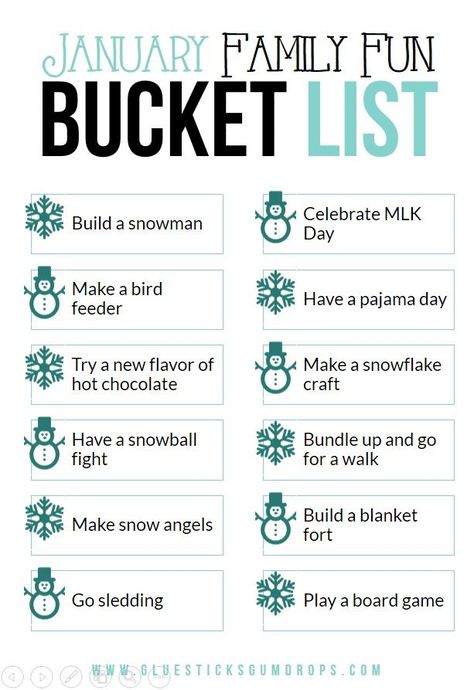 Our January Family Fun Bucket List is packed with ideas to make winter fun whether you're braving the cold outdoors or staying warm and cozy inside. #kidactivities #familyfun #bucketlist January Family Activities, January Bucket List, Kids Crafts January, January Fun, January Activities, Winter Bucket List, Fun Family Activities, Bucket List Ideas, January 2023