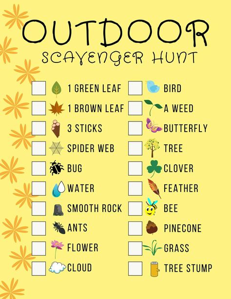 Outdoor Scavenger Hunt For Kids (Free Printable) - 24hourfamily.com Outdoor Scavenger Hunt For Preschoolers, Camp Scavenger Hunt For Kids, Campground Scavenger Hunt For Kids, Nature Trail Scavenger Hunt For Kids, Kids Hiking Scavenger Hunt, Kids Outside Scavenger Hunt, Cabin Scavenger Hunt, Outdoor Scavenger Hunt Free Printable, Preschool Outdoor Scavenger Hunt