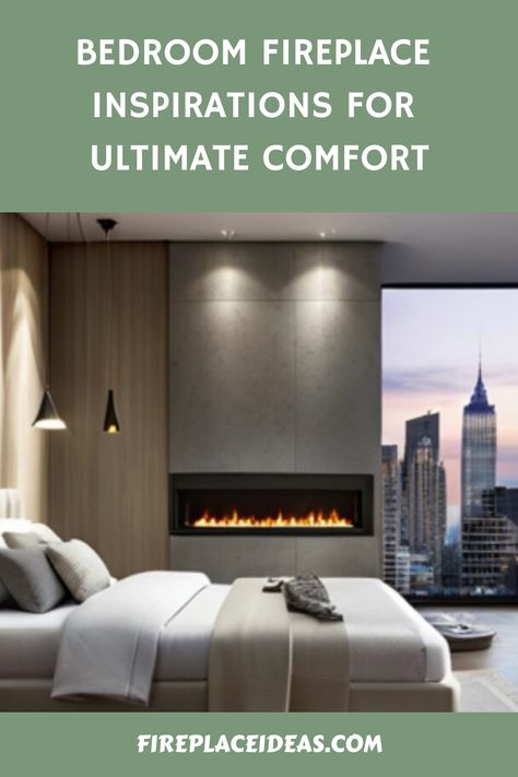 Elegant modern bedroom with a sleek fireplace and a view of city skyscrapers, promoting comfort and tranquility. Wall Mounted Fireplace Bedroom, Linear Fireplace In Bedroom, Bedroom Fireplace Wall Ideas, Modern Fireplace Bedroom, Primary Bedroom With Fireplace, Fireplace Bedroom Ideas Master Suite, Electric Fireplace Ideas Bedroom, Bedroom Fireplaces, Bedroom Fireplace Ideas