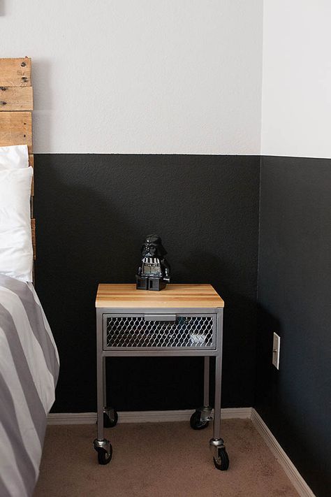 All for the Boys - Tween Boy Room half black wall with pallet headboard Half Black Wall Bedroom, Half Black Wall, Grey Boys Rooms, Black Walls Bedroom, Half Painted Walls, Glidden Paint, Home Bedroom Design, White Wall Bedroom, Teenage Boy Room