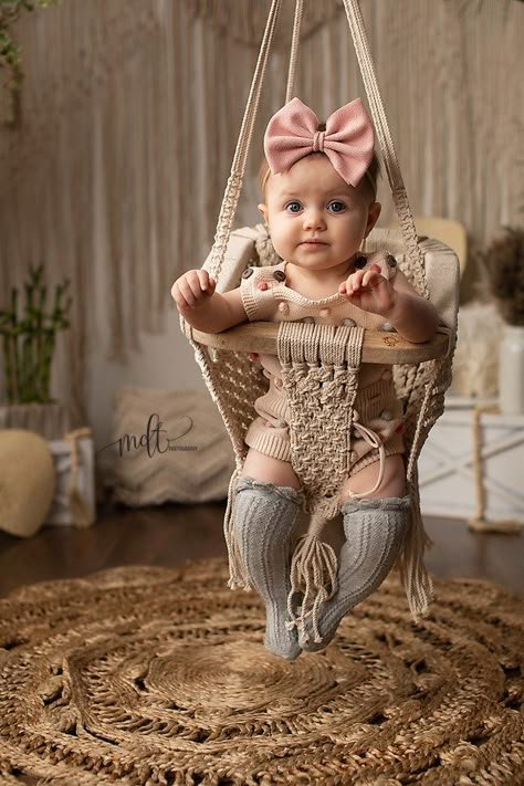 Boho Baby Photoshoot, Macrame Stand, Tema Birthday, Macrame Chair, 7 Month Baby, Macrame Chairs, Milestone Photography, Macrame Swing, Bohemian Baby