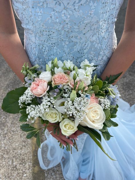 Flowers, idea, pastel, prom Prom Bouquet Light Blue Dress, Prom Flowers With Light Blue Dress, Prom Bouquet Ideas Light Blue, Green Prom Flowers Bouquets, Green Boquet Prom, Light Blue Hoco Bouquet, Winter Formal Flowers Bouquets, Diy Prom Bouquet Fake Flowers, Pastel Prom Bouquet