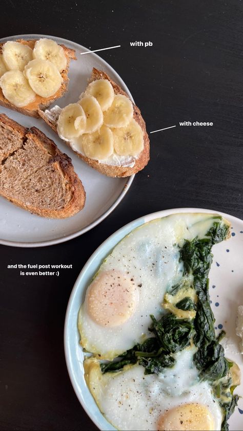 Eggs and spinach, pb&banana toast and cheese&banana toast Pb Banana Toast, Toast And Cheese, Eggs And Spinach, Breakfast Banana, Banana Toast, Food Motivation, Banana Oat, Banana Oats, Healthy Food Motivation