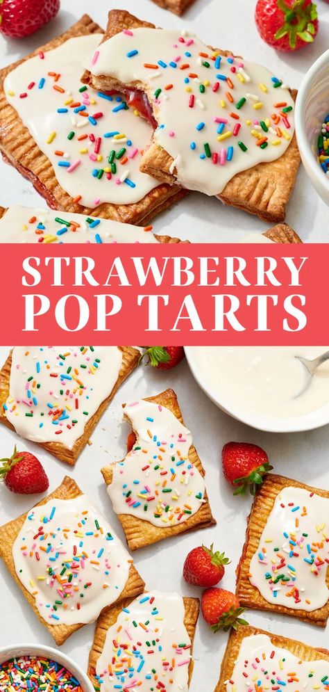 Homemade Strawberry Pop Tarts have a sweet, slightly flaky pastry, are filled with strawberry jam, and iced with a simple vanilla glaze and sprinkles. This copycat recipe is SO much better than the sickly sweet store bought version! #poptarts #strawberrypoptarts Pop Tarts Recipe, Strawberry Pop Tarts, Ultimate Cookie Recipe, Strawberry Pop, Poptart Recipe, Strawberry Pop Tart, Tarts Recipe, Handle The Heat, Vanilla Glaze