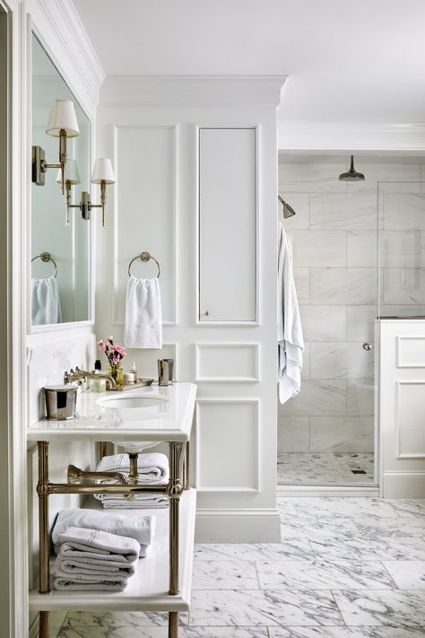 Traditional Uptown DC Renovation — Zoe Feldman Design White Framed Mirror, Marble Shelves, Brick Colonial, Nickel Faucet, Polished Nickel Faucet, Bathroom Details, Traditional Bathrooms, Marble Shelf, Elegant Entertaining