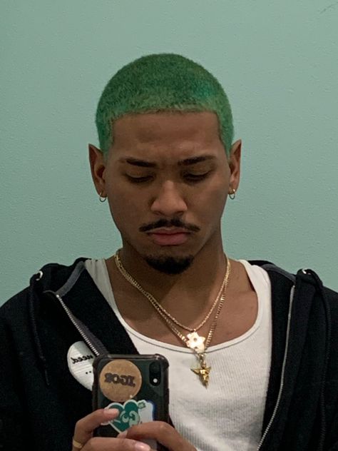 Dyed Hair Designs Men, Green Short Hair Men, Dark Green Buzzcut, Short Green Hair Men, Teal Buzzcut, Green Dyed Hair Men, Buzz Cut Men Dyed, Hair Dye Ideas For Guys, Hair Designs Men