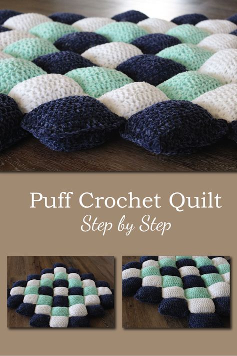 Crochet Blanket Quilt, Puff Blanket Crochet, Kc Yarn Crochet Patterns, Weighted Crochet Blanket, Cricket Blanket Patterns, Crochet Play Blanket, Crochet Puff Blanket Free Pattern, Puff Crochet Blanket, Random Yarn Crochet Blanket