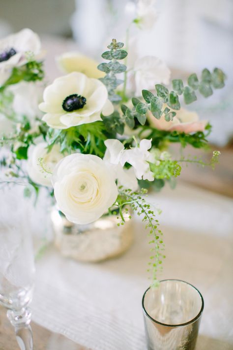 white floral low centerpieces with mercury glass vases | Photography: Love & Light Photographs Anemone Centerpiece, Small Wedding Centerpieces, Pretty Wedding Centerpieces, Eucalyptus Centerpiece, Creative Wedding Centerpieces, Anemone Wedding, Greenery Wedding Centerpieces, Beautiful Wedding Centerpiece, Elegant Wedding Centerpiece