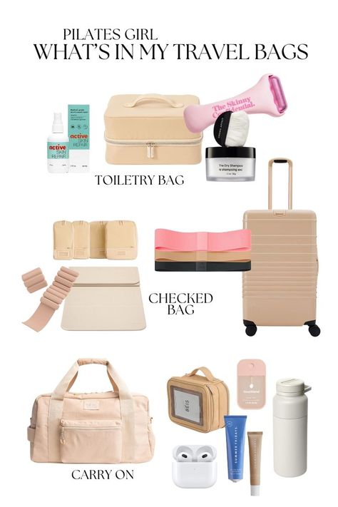 Graphic displaying essential items for a Pilates instructor's travel bag, including Bala bangles, a foldable workout mat, workout bands, and other travel fitness essentials. Bala Bangles, Mat Workout, Chic Activewear, Workout Bands, Workout Mat, Pilates Routine, Fitness Trends, Pilates Instructor, In My Bag