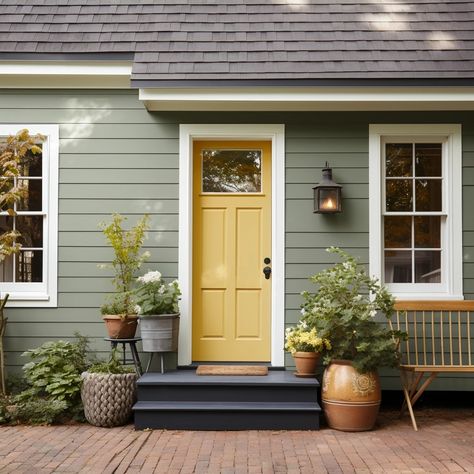 sage green exterior with a mustard yellow door Mustard Exterior House Colors, Green House Yellow Door, Yellow Door Exterior, Yellow Front Door Colors, Sage Green Exterior House Colors, Sage Green Exterior, Paint My Front Door, Sage Green House Exterior, Light Green House