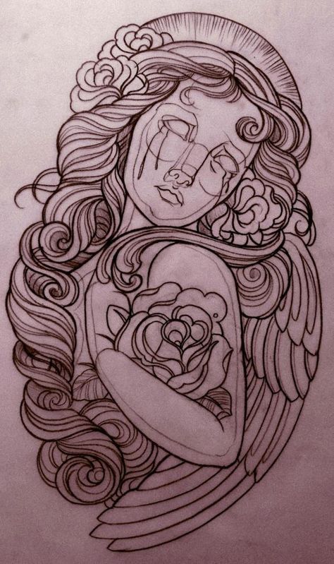 Angel tattoo Full Circle Tattoo, Traditional Chicano Tattoos, Art Chicano, Backpiece Tattoo, Tattoo Zeichnungen, Best Tattoos For Women, Emily Rose, Tattoo Sketch, Desenho Tattoo