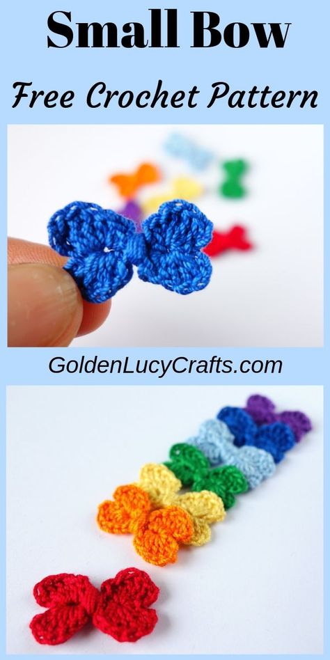 How to crochet small bow, mini bow, free crochet pattern, easy project, video tutorial, heart bow Crochet Mini Bows Free Pattern, Small Crochet Motifs, Crochet Mini Bow, Tiny Crochet Projects, Crochet Tiny Flowers, Rat Clothes, Crochet A Bow, Crochet Bows Free Pattern, Crochet Bow Pattern