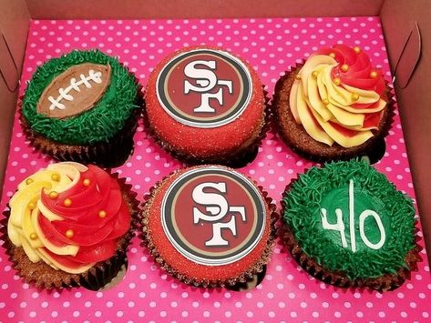 49ers Cupcakes Served Up By Smallcakes In Danville | Danville, CA Patch 49er Desserts, 49ers Cupcakes Ideas, 49ers Desserts, Super Bowl Cupcake Ideas, 49er Cupcakes, 49ers Cupcakes, Gold Frosting, Super Bowl Cupcakes, Super Bowl Cupcake