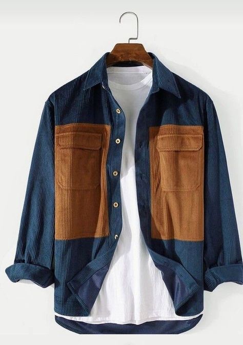 Kemeja Denim, Corduroy Patchwork, Mens Corduroy, Stylish Shirts Men, Kemeja Lelaki, African Wear Styles For Men, Trendy Shirt Designs, Men Fashion Casual Shirts, Mens Casual Dress Outfits