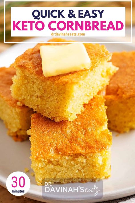 If you're wishing that you had cornbread without the carbs or corn to pair with your bbq, chilis, soups, & stews, this Keto Cornbread is your fix. It takes just 30 minutes to make and uses just six staple and pantry ingredients. Make this as a side dish or use it on holidays like Thanksgiving in keto cornbread stuffing. Perfect for those looking for almond flour cornbread, cornbread without cornmeal, or gluten-free cornbread. #thanksgiving #ketorecipes #lowcarbrecipes #keto #lowcarb #glutenfree Keto Cornbread Recipe, Low Carb Cornbread, Keto Cornbread, Easy Cornbread Recipe, Gluten Free Cornbread, Baking Powder Uses, Boiled Egg Diet Plan, Cornbread Recipe, Low Carb Low Sugar