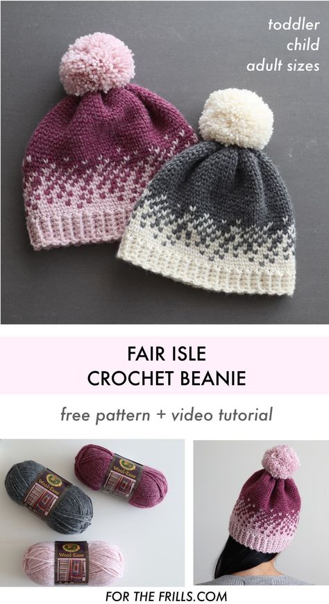 Crochet Snowflake Beanie Pattern, 2 Color Beanie Hat Crochet Pattern, 2 Color Crochet Beanie, Fair Isle Crochet Hat, Toddler Crochet Hat Pattern Free, Fair Isle Crochet Pattern, Free Crochet Hats, Free Crochet Beanie Pattern, Crochet Beanie Hat Free Pattern