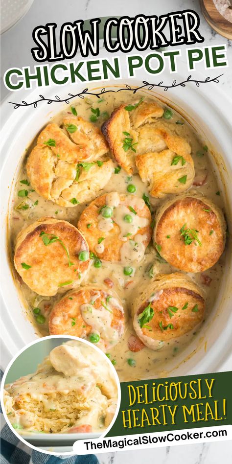 Slow Cooker Chicken Pot Pie is filled with veggies and topped with freshly baked biscuits. - The Magical Slow Cooker Slow Cooker Chicken Pie, Slow Cooker Pot Pie, Chicken And Biscuits Crockpot, Chicken Pot Pie Slow Cooker, Low Calorie Slow Cooker Recipes, Chicken Pot Pie Recipe Crockpot, Chicken Pot Pie Dinner, Biscuit Chicken Pot Pie, Slow Cooker Chicken Pot Pie