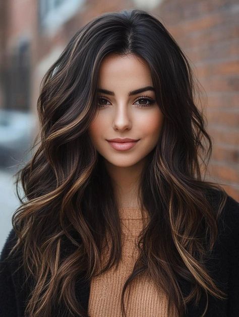 Rich and Vibrant Fall Hair Colors for Brunettes to Try This Season Fall Hair For Latinas, Dark Brown Hair With Caramel Highlights Around Face, Dark Brown Hair With Bronze Highlights, Long Hairstyles Dark Hair, Fall Hair For Brown Eyes, Fall Hair For Dark Brown Hair, Winter Bayalage Brunette, Belage Hair Balayage Brown, Toner For Dark Brown Hair