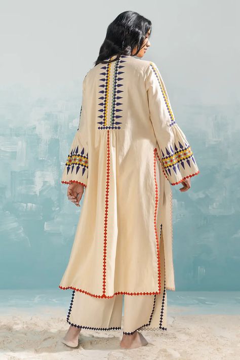 Buy Ikai Beige Cotton Silk Chanderi Nile Bell Sleeve Kurta Online | Aza Fashions Beige Kurta, Kaftan Designs, Lehenga Blouse Designs, Applique Work, Pant For Women, Designer Dresses Indian, Abayas Fashion, Kurta Designs, Dress Picture