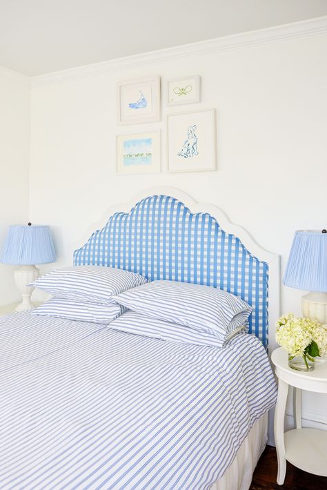 REUPHOLSTERED GINGHAM HEADBOARD | Design Darling Gingham Headboard, Nautical Interior Design, My Studio Apartment, Cozy Beach House, Gingham Curtains, Blue Headboard, Nautical Interior, Stripe Bedding, Katie Kime