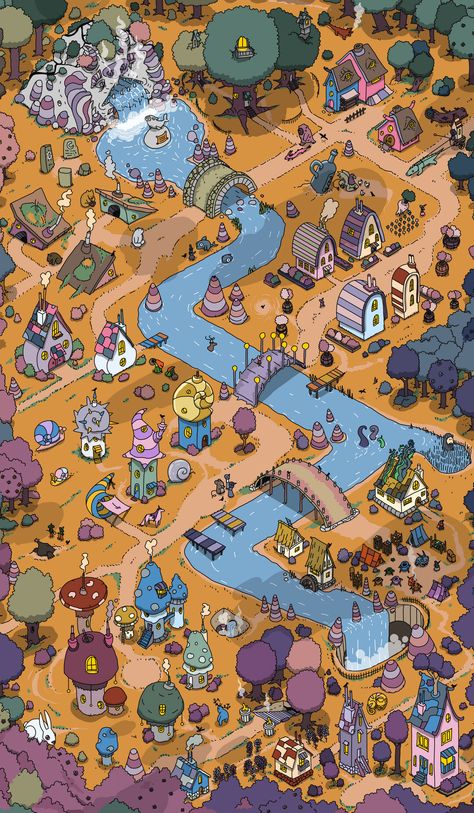 Isometric Game Environment, Isometric Fantasy Map, Cartoon Map Drawing, Isometric Village, Boardgame Design, Fantasy Cartography, Village Drawing, Cartoon Map, Game Map