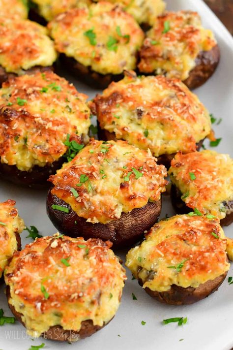 Classic Stuffed Mushrooms recipe featuring baby bella mushrooms stuffed with a mixture of cream cheese, herbs, onions, and more cheese. Stuffed Mushrooms With Cream Cheese And Bacon Recipe, Stuffed Portobello Mushroom Recipes, Lobster Stuffed Mushrooms Recipe, New Years Meals, Crumbed Mushrooms, Nye Apps, Stuffed Mushrooms Recipes, Stuffed Mushrooms With Spinach, Stuffed Mushrooms Cream Cheese