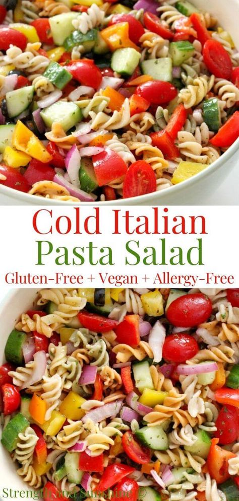 Cold Italian Pasta Salad (Gluten-Free, Vegan, Allergy-Free) | Strength and Sunshine | A Classic Italian Pasta Salad that's gluten-free, vegan, and allergy-free! The cold pasta salad you love, with tri-colored pasta, fresh veggies, and a healthy homemade Italian dressing! A super easy and quick meat-free vegetarian and dairy-free recipe that's a perfect side dish to feed any crowd! #pastasalad #coldpastasalad #summerrecipes #sidedish #glutenfreepasta #italianrecipe #veganpasta Classic Italian Pasta Salad, Cold Italian Pasta Salad, Gluten Free Pasta Salad, Classic Italian Pasta, Pasta Fresh, Homemade Italian Dressing, Cold Pasta Salad Recipes, Italian Pasta Salad, Cold Pasta Salad