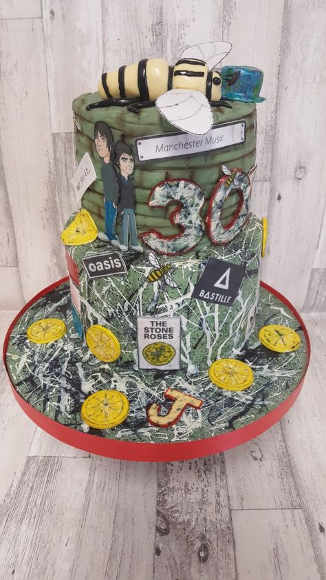 Manchester music cake with Oasis, Stone Roses, Bastille, Manchester Bees, Paint Splat and Lemons. Oasis Birthday Cake, Oasis Cake, Bruce Springsteen Birthday Party, Rock Themed Cake, Metallica Cake Design, Ac/dc Cake, 18th Ideas, Oasis Album, Oasis Band