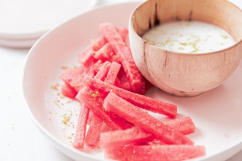 Watermelon Fries with Tangy Lime Coconut Dip – Beijos Events Coconut Lime Dip, Coconut Dip, Watermelon Fries, Lime Dipping Sauce, Watermelon Party Ideas, Lime Dip, Watermelon Ideas, National Watermelon Day, Healthy Summer Snacks