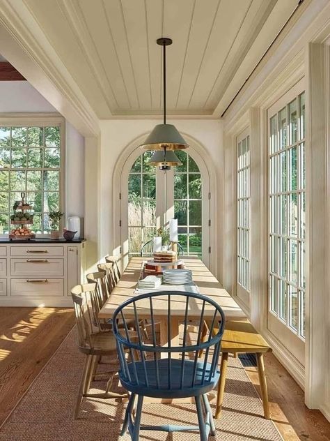 New England Aesthetic Home, European House Interior Design, Porch Off Kitchen, White Picket Fence Ideas, Picket Fence Ideas, Sunroom Porch, Sunroom Dining, Farmhouse Addition, Victorian Renovation