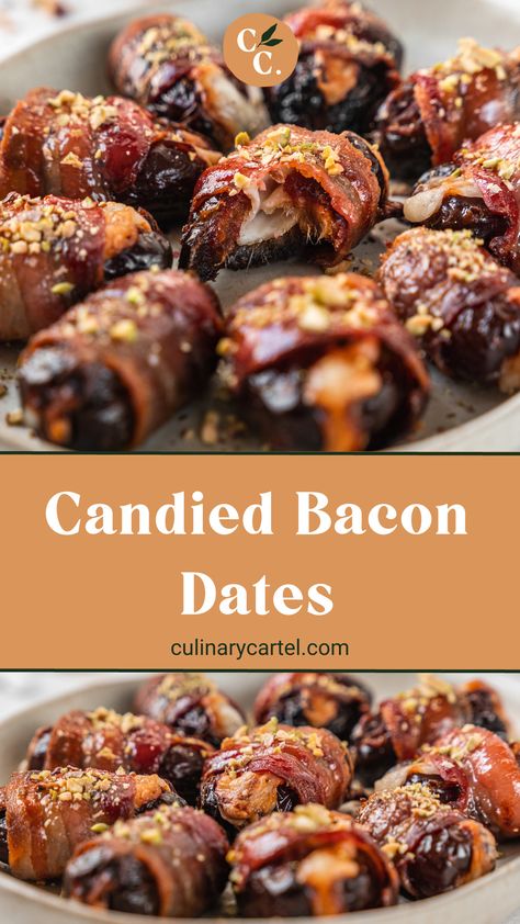 Bacon Wrapped Water Chestnuts And Dates, Candied Dates Recipe, Date Candy Roll, Savory Dates Recipes, Bacon Covered Dates, Dates Candy Recipe, Candied Bacon Appetizers, Dates Appetizer Recipes, Date Appetizer Recipes