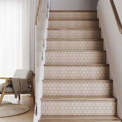 Tile Stairs Indoor Staircases, Tile On Stair Risers, Wood Decals, Stair Dimensions, Tiled Staircase, Staircase Art, Tile Stair Risers, Stair Riser Decals, Stair Ideas