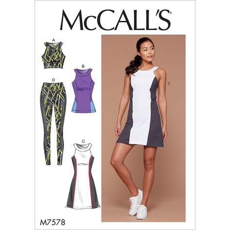 Misses and Womens Panelled Bra, Top, Dress and Leggings McCalls Sewing Pattern 7578. cool sports gear to sew! Sewing Activewear, Leggings Sewing Pattern, Activewear Pattern, Dress And Leggings, Bra Top Dress, Sewing Patterns Dresses, Womens Knit Tops, Pattern Dress Women, Mccalls Sewing Patterns