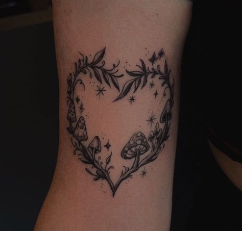 Mushroom Heart Tattoo Design, Heart Shaped Mushroom Tattoo, Mushroom Tree Tattoo, Mushroom Collar Bone Tattoo, Mushroom Vine Tattoo, Mushroom Heart Tattoo, Leaf Heart Tattoo, Toadstool Tattoo, Quirky Tattoos