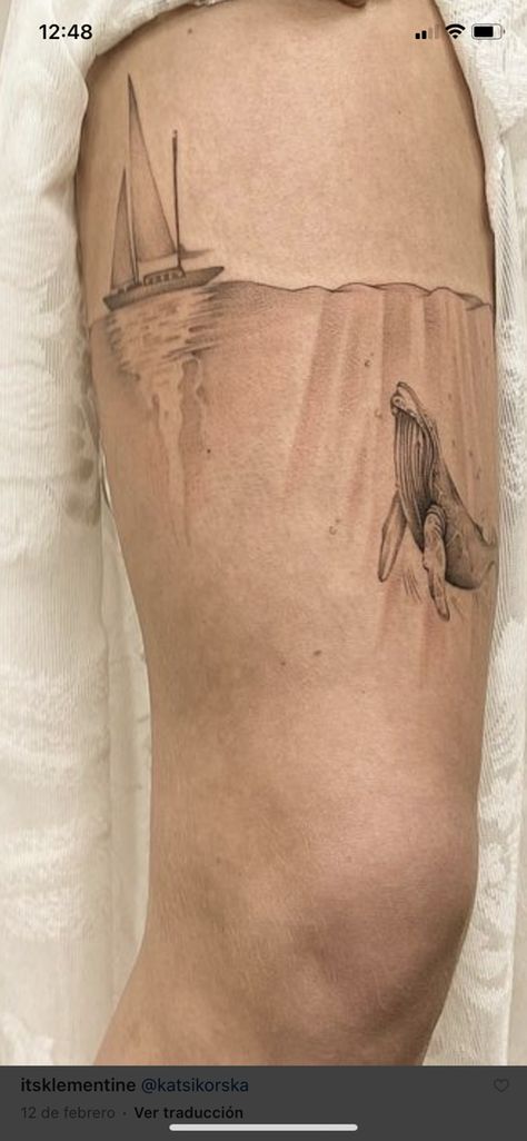 Fine Line Diver Tattoo, Sea Scape Tattoo, Feminine Water Tattoo, Marine Tattoo Sleeve, Ocean Tattoo Thigh, Sea Based Tattoos, Ocean Themed Tattoos Men, Under Ocean Tattoo, Floating Island Tattoo