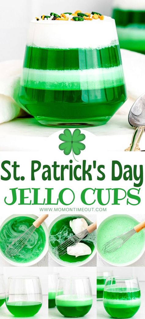 Jello St Patricks Day Treats, Princess Jello Ideas, St Patrick’s Day Jello, Fun Jello Ideas, St Patrick’s Day Trifle, Layered Jello Cups, Green Jello Recipes, Green Jello Desserts, Easter Jello Desserts