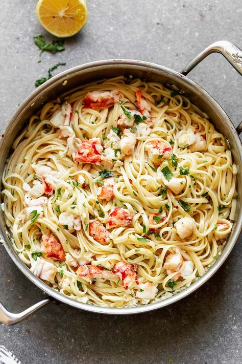 Easy Lobster Scampi with Linguine is packed with sweet, succulent lobster, and an INSANE garlicky butter sauce. Plus we're talking about Spiny lobster vs Maine lobster and how to cook lobster tails on the stove. Lobster Noodles Recipe, Recipes With Lobster Tails, Pasta With Lobster Tails, Lobster Scampi Linguini, Lobster And Pasta Recipes, Lobster Pieces Recipes, Lobster Tail Pasta Recipe, Lobster Linguini Recipe, Spiny Lobster Recipe