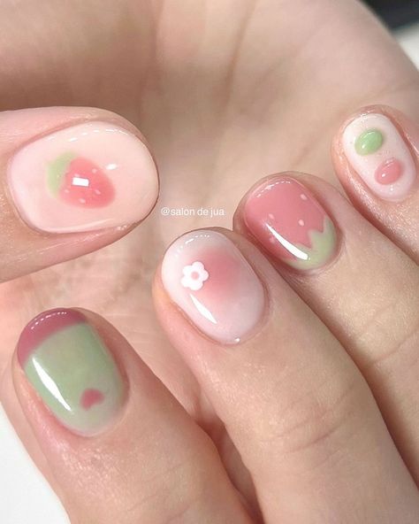 Pink And Green Nail Ideas, Nail Inspo Short, Green Nail Ideas, Short Oval Nails, Green Nail, Kawaii Nails, Oval Nails, Cute Nail Designs, Funky Nails