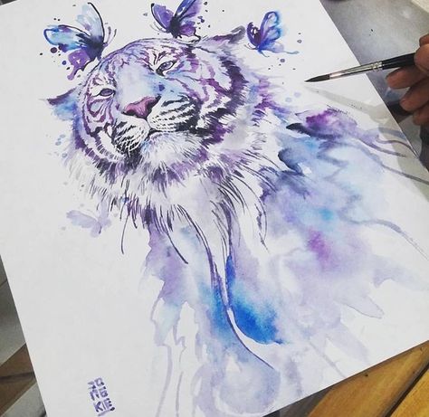 Watercolor Tiger, Kunst Tattoos, Watercolor Gouache, Paintings Watercolor, Drawing Watercolor, Watercolor Ideas, Tiger Art, Tiger Tattoo, White Tiger