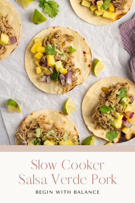 This slow cooker salsa verde pork is a versatile protein that we love to add to tacos, salads, burritos, nachos, bowls, or enchiladas. The pork tenderloin with salsa verde is slow cooked making it tender and packed with flavor. Slow Cook Pork Tenderloin, Pork Salsa Verde, Salsa Verde Tacos, Salsa Verde Pork, Boneless Pork Roast, Slow Cooker Salsa, Green Enchilada Sauce, Green Salsa, Pineapple Salsa