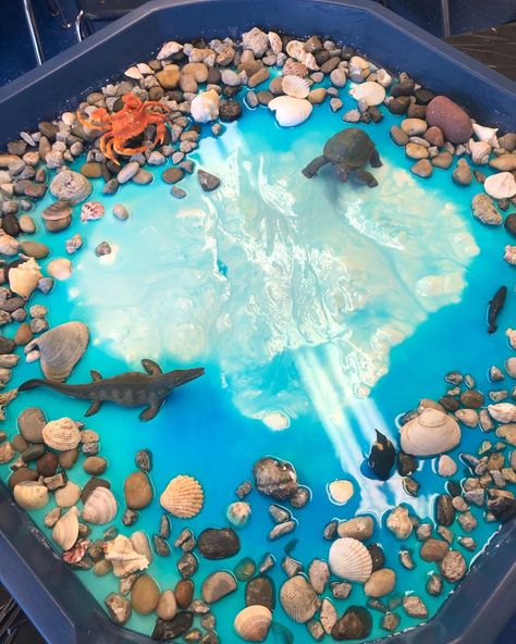 Tuff tray ideas! Under the sea theme using cornstarch, water and food colour. Seaside Tuff Tray Ideas, Under The Sea Tuff Tray Ideas, Under The Sea Messy Play, Sea Tuff Tray, Under The Sea Tuff Tray, Tuff Tray Ideas, Eyfs Ideas, Toddler Sensory Bins, Sensory Ideas