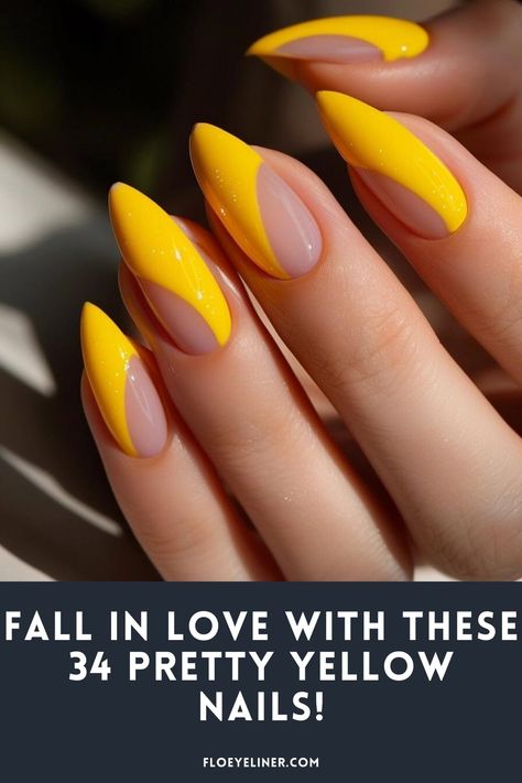 In need of some edgy yellow nails inspo for your next mani? Then check out our collection of 30+ beautiful ideas! From the artsy bright yellow French nails you see here to delicate florals and flirty pastels, there's something for everyone. Check out all the designs on the blog now and save your favorites! Nail Design On Almond Shape, Simple Statement Nails, Good Nail Ideas, Pretty Yellow Nails, 2 Color Nails, Yellow Almond Nails, Yellow French Nails, Yellow French Tip Nails, Nail Yellow